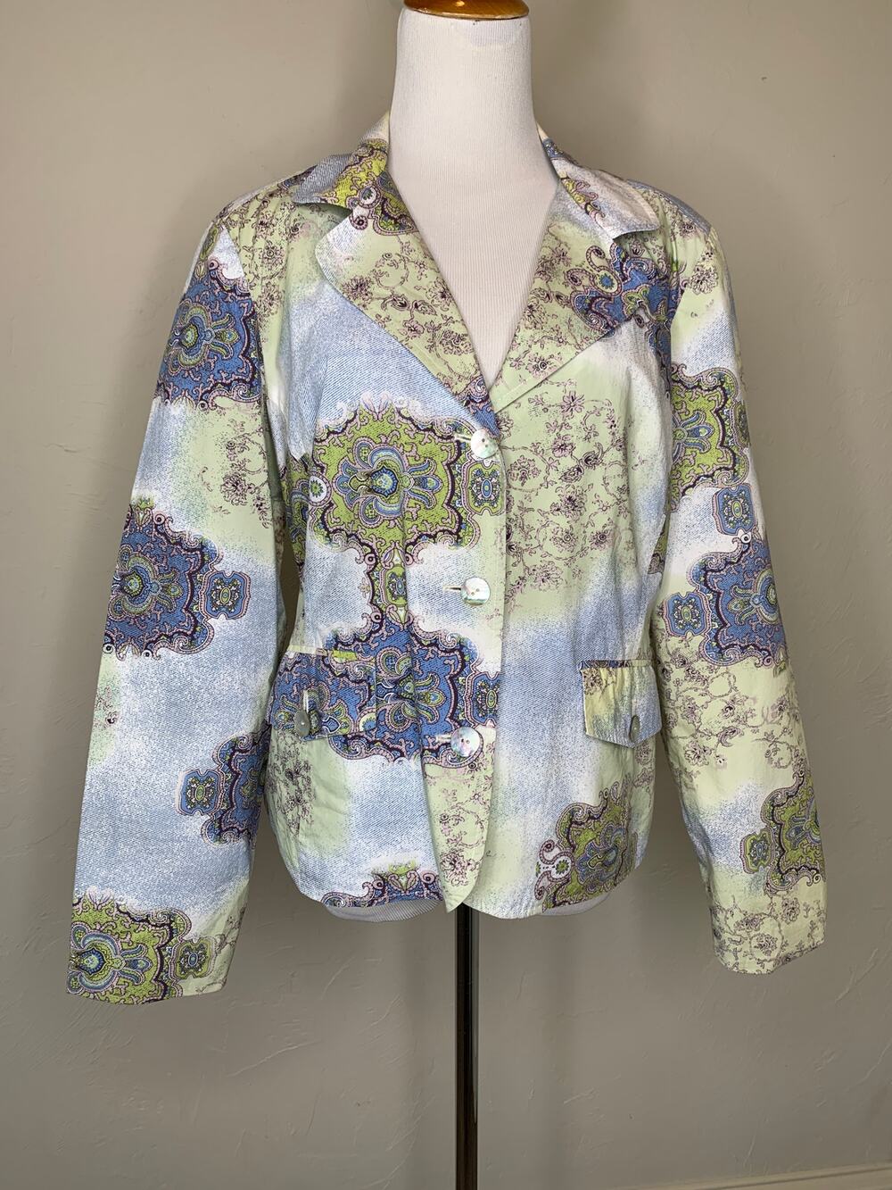 Vintage Cotton Paisley Print Blazer Sz Large Blue Green Pastels
